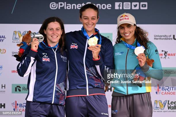 Gold Medallist, Mallory Franklin of Great Britain, Silver Medallist, Kimberley Woods of Great Britain and Bronze Medallist, Jessica Fox of Australia...