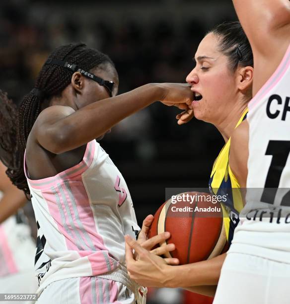 Nikolina Milic of Fenerbahce Alagoz Holding in action against Aicha Camara and Alexia Chartereau of LDLC ASVEL Feminin during the Super Cup Women...