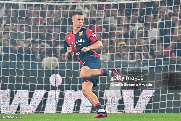 Albert Gudmundsson of Genoa celebrates after scoring a goal during the Serie A TIM match between Genoa CFC and AS Roma at Stadio Luigi Ferraris on...