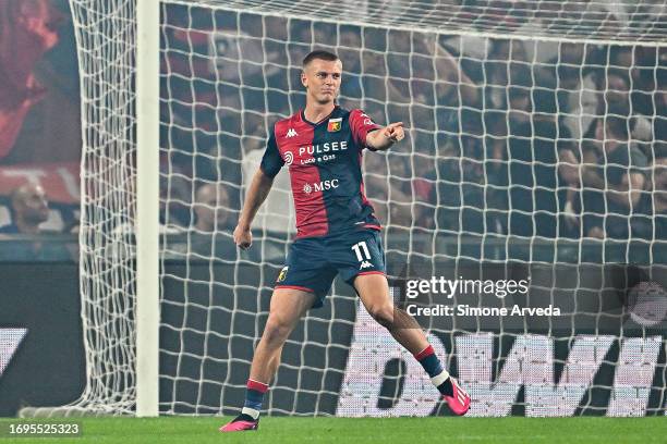 Albert Gudmundsson of Genoa celebrates after scoring a goal during the Serie A TIM match between Genoa CFC and AS Roma at Stadio Luigi Ferraris on...