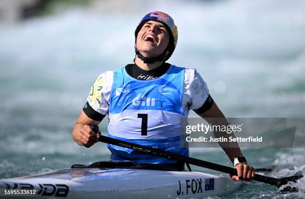 Jessica Fox of Australia reacts after crossing the finish line in the Women's Canoe Final at the 2023 ICF Canoe Slalom World Championships at Lee...