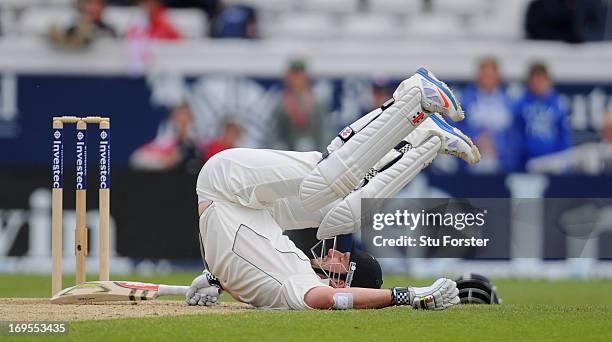 New Zealand batsman Hamish Rutherford ends up on the floor during day four of 2nd Investec Test match between England and New Zealand at Headingley...