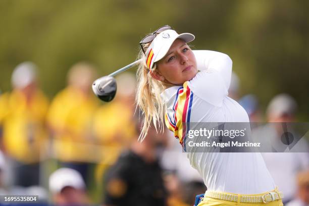 Emily Kristine Pedersen of Team Europe hits a tee shot on the eighth hole during Day One of The Solheim Cup at Finca Cortesin Golf Club on September...