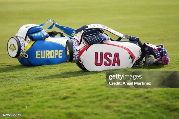 Detailed view of a Team USA and Team Europe bag during Day One of The Solheim Cup at Finca Cortesin Golf Club on September 22, 2023 in Casares, Spain.