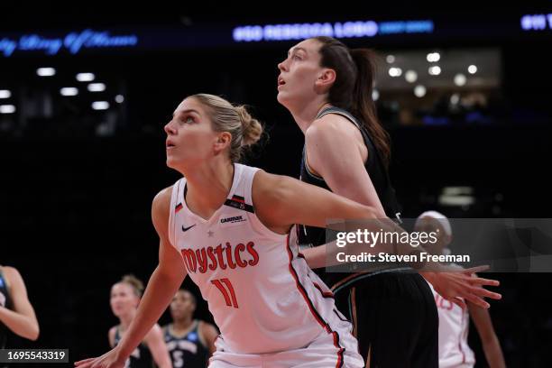 Elena Delle Donne of the Washington Mystics boxes out Breanna Stewart of the New York Liberty on September 10, 2023 in Brooklyn, New York. NOTE TO...