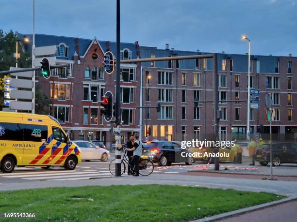 View from the area after shootings in Rotterdam, Netherlands on September 28, 2023. Dutch police on Thursday arrested a man who is suspected of two...