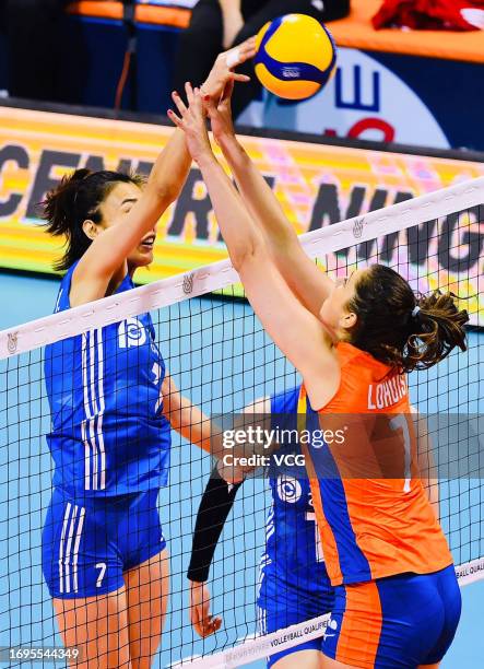 Wang Yuanyuan of China competes in the FIVB Volleyball Women's Olympic Qualifying Tournament - Road to Paris 2024 match between China and Netherlands...