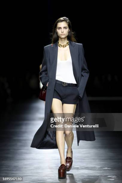 Model walks the runway of Gucci Ancora during Milan Fashion Week on September 22, 2023 in Milan, Italy.