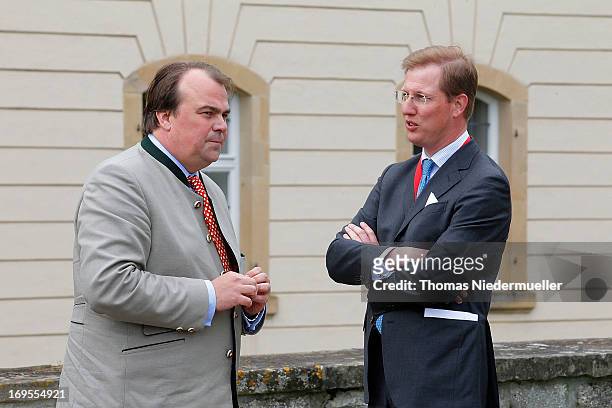 Phillipp Fuerst zu Hohenlohe-Langenburg and Erbprinz Bernhard von Baden attend the visit of Prince Charles, Prince of Wales at Schloss Langenburg on...