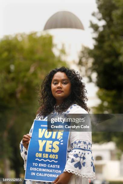 Sacramento, California Sept. 26, 2023 - Thenmozhi Soundararajan, of Equality Labs, leads a group pushing for a law to ban caste discrimination, SB...