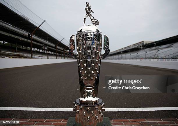 Detail of the Borg Warner Trophy on the yard of bricks during the Indianapolis 500 Mile Race Trophy Presentation and Champions Portrait Session for...