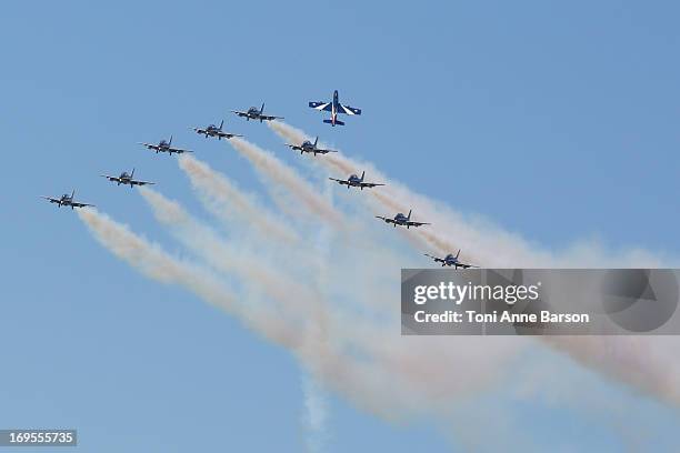 The Frecce Tricolori demonstration flight during the 60th Anniversary Celebration of The "Patrouille de France", the legendary French flight...