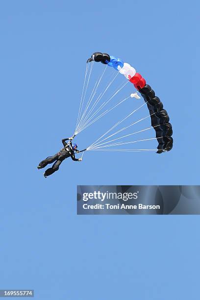 Sky divers during the 60th Anniversary Celebration of The "Patrouille de France", the legendary French flight demonstration team at its home base 701...