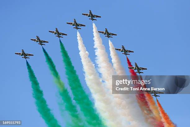 The Frecce Tricolori demonstration flight during the 60th Anniversary Celebration of The "Patrouille de France", the legendary French flight...