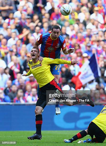 Damien Delaney of Crystal Palace goes up for a header with Joel Ekstrand of Watford during the npower Championship Play-off Final match between...