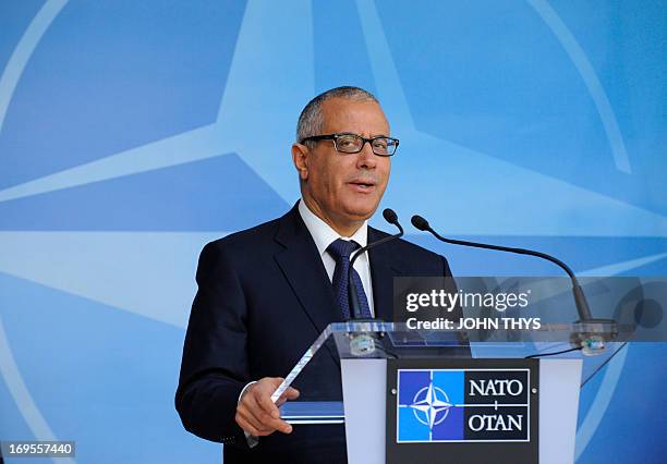 Prime Minister of Lybia, Ali Zeidan gives a press conference with NATO Secretary General after their bilateral meeting at the NATO Headquarters in...