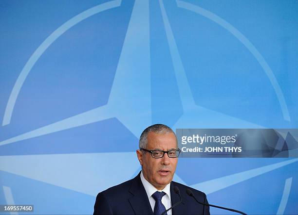 Prime Minister of Lybia, Ali Zeidan gives a press conference with NATO Secretary General after their bilateral meeting at the NATO Headquarters in...
