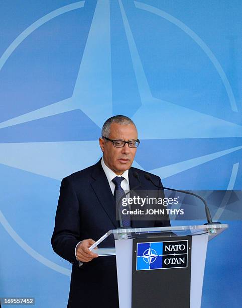 Prime Minister of Lybia, Ali Zeidan gives a press conference with NATO Secretary General after their bilateral meeting at the NATO Headquarters in...