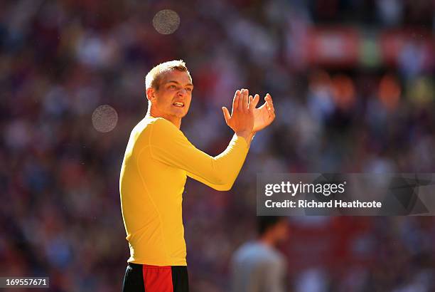 Joel Ekstrand of Watford applauds the crowd in defeat after the npower Championship Play-off Final match between Watford and Crystal Palace at...