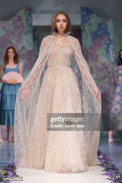 Model walks the runway at the Luisa Beccaria fashion show during the Milan Fashion Week Womenswear Spring/Summer 2024 on September 22, 2023 in Milan,...