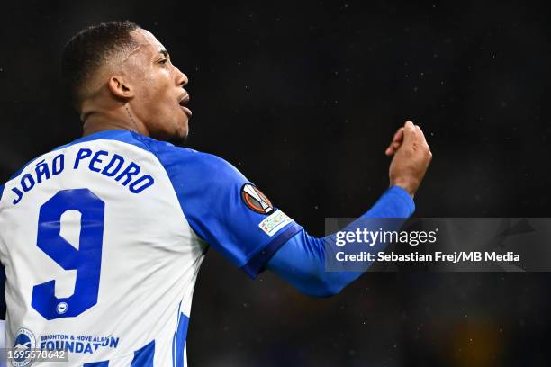 Joao Pedro of Brighton & Hove Albion celebrates after scoring 1st goal during the UEFA Europa League match between Brighton & Hove Albion and AEK...