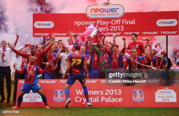 Crystal Palace players celebrate victory with the trophy after the npower Championship Play-off Final match between Watford and Crystal Palace at...