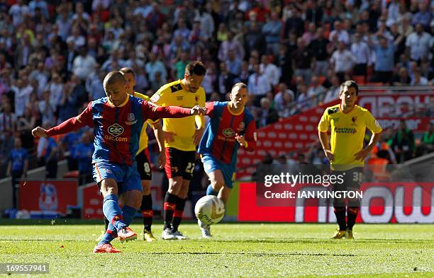 Crystal Palace's English striker Kevin Phillips scores from the penalty spot during the English Championship Play Off final football match between...