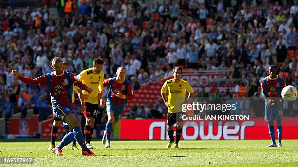 Crystal Palace's English striker Kevin Phillips scores from the penalty spot during the English Championship Play Off final football match between...