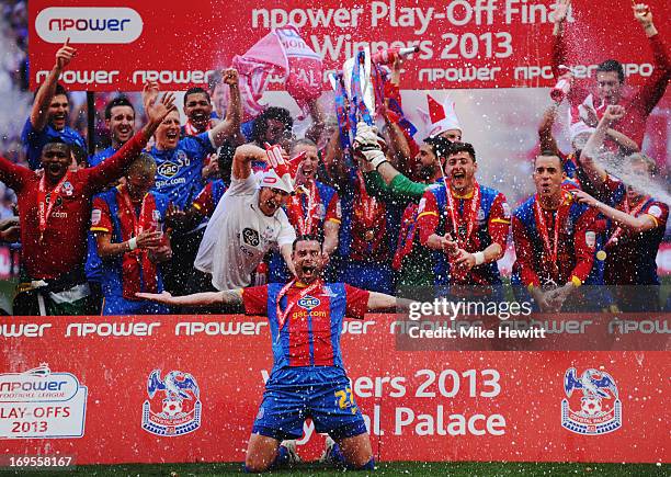 Crystal Palace players celebrate victory with the trophy after the npower Championship Play-off Final match between Watford and Crystal Palace at...