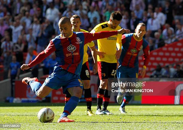 Crystal Palace's English striker Kevin Phillips takes a penalty during the English Championship Play Off final football match between Crystal Palace...