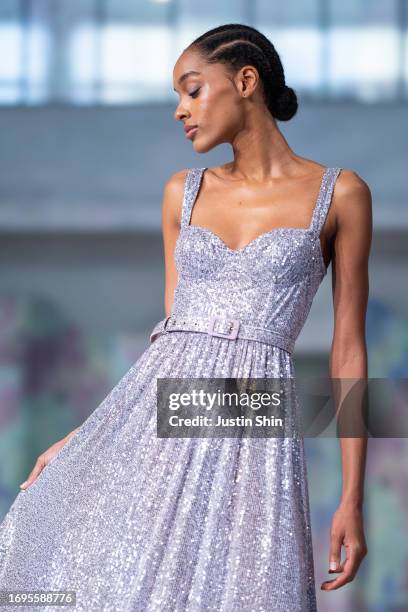 Model walks the runway at the Luisa Beccaria fashion show during the Milan Fashion Week Womenswear Spring/Summer 2024 on September 22, 2023 in Milan,...