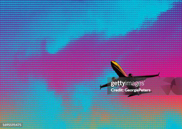 half tone vector of airliner and cumulus clouds - cumulus stock illustrations