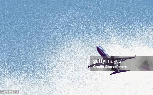 stipple illustration of airliner and cumulus clouds - aerospace industry stock illustrations