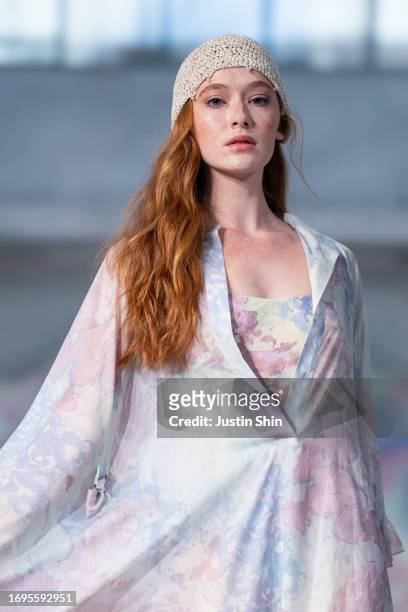 Model walks the runway at the Luisa Beccaria fashion show during the Milan Fashion Week Womenswear Spring/Summer 2024 on September 22, 2023 in Milan,...