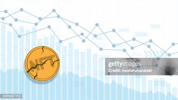 broken nft coin on a declining financial chart - bid stock illustrations