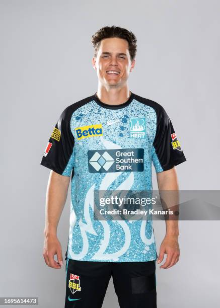 Mitch Swepson poses during the Brisbane Heat BBL Headshots Session at Allan Border Field on September 5th, 2023 in Brisbane, Australia.