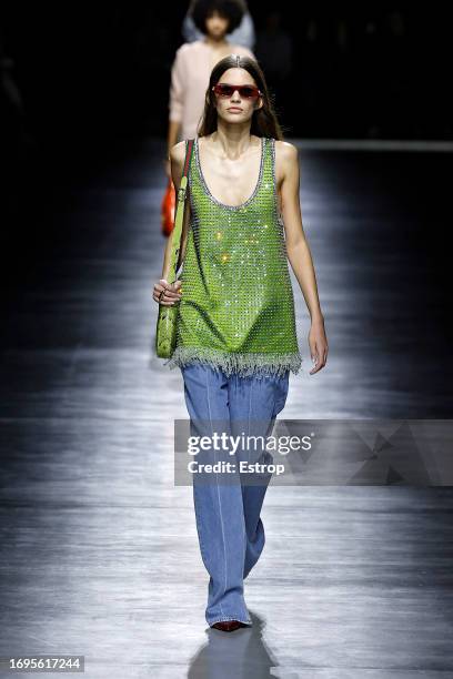 Model walks the runway at the Gucci fashion show during the Milan Fashion Week Womenswear Spring/Summer 2024 on September 22, 2023 in Milan, Italy.