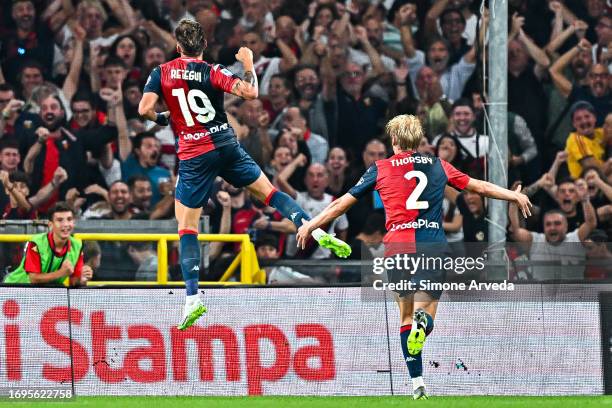 Mateo Retegui of Genoa celebrates with his team-mate Morten Thorsby after scoring a goal during the Serie A TIM match between Genoa CFC and AS Roma...