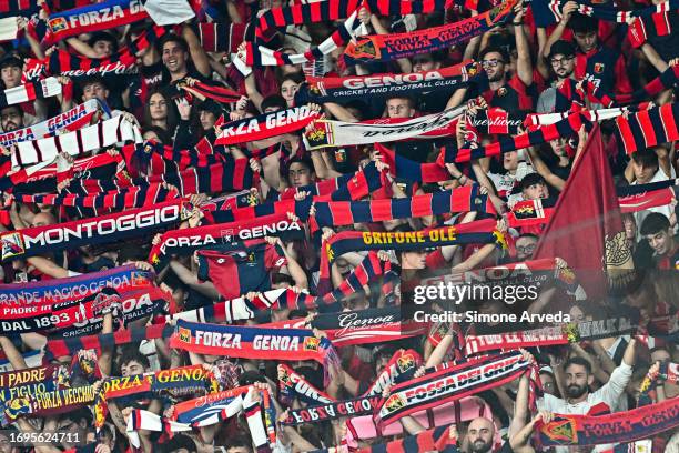 Fans of Genoa wave their scarves prior to kick-off in the Serie A TIM match between Genoa CFC and AS Roma at Stadio Luigi Ferraris on September 28,...