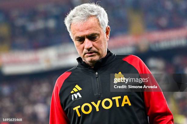 José Mourinho, head coach of Roma, looks on prior to kick-off in the Serie A TIM match between Genoa CFC and AS Roma at Stadio Luigi Ferraris on...