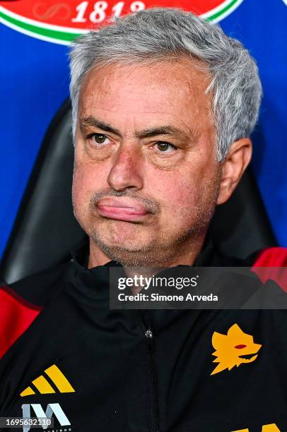 José Mourinho, head coach of Roma, looks on prior to kick-off in the Serie A TIM match between Genoa CFC and AS Roma at Stadio Luigi Ferraris on...