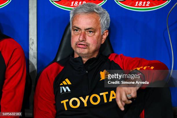 José Mourinho, head coach of Roma, looks on prior to kick-off in the Serie A TIM match between Genoa CFC and AS Roma at Stadio Luigi Ferraris on...
