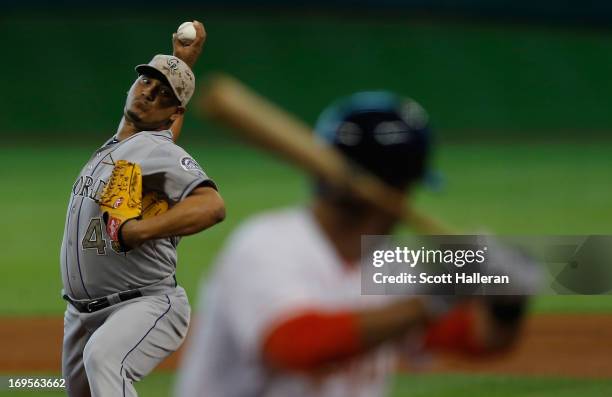 Jhoulys Chacin of the Colorado Rockies throws a pitch during the fourth inning to J.D. Martinez of the Houston Astros at Minute Maid Park on May 27,...