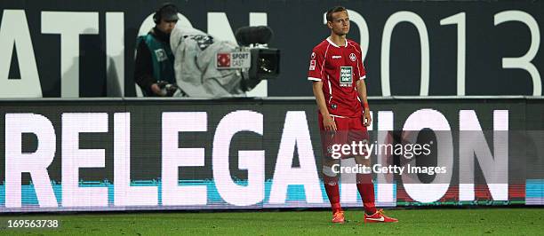 Chris Loewe of Kaiserslautern reacts during the Bundesliga Playoff Second Leg match between 1. FC Kaiserslautern and 1899 Hoffenheim at...