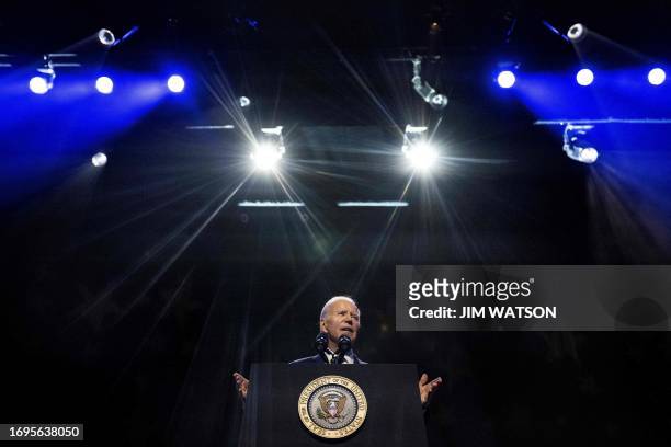 President Joe Biden delivers remarks on democracy, while honoring the legacy of late US Senator John McCain, at the Tempe Center for the Arts in...