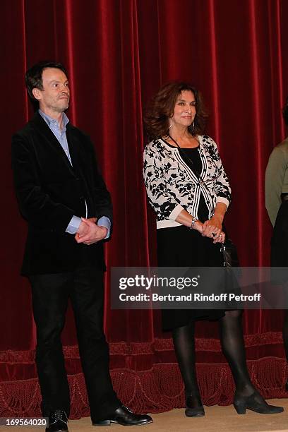 Bruno Finck and Fabienne Servan Schreiber attend Homage To French Actor Jean-Claude Brialy at Theatre des Bouffes Parisiens, with the screening of...