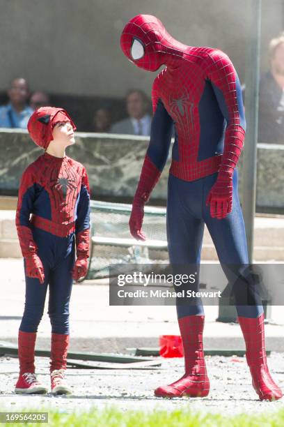 Actors Jorge Vega and Andrew Garfield on the set of 'The Amazing Spider-Man 2' on May 27, 2013 in New York City.