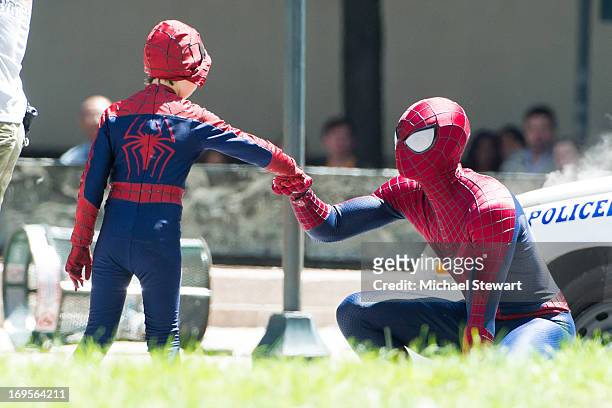 Actors Jorge Vega and Andrew Garfield on the set of 'The Amazing Spider-Man 2' on May 27, 2013 in New York City.