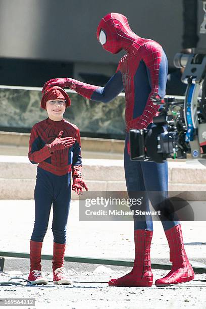 Actors Jorge Vega and Andrew Garfield on the set of 'The Amazing Spider-Man 2' on May 27, 2013 in New York City.