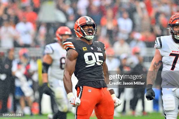 Defensive end Myles Garrett of the Cleveland Browns celebrates after a sack during the second half against the Cincinnati Bengals at Cleveland Browns...